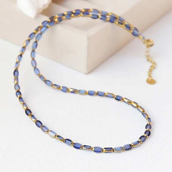 Blue Beaded Necklace Gold Tone Delicate Chain Elegant - Picture 1 of 1